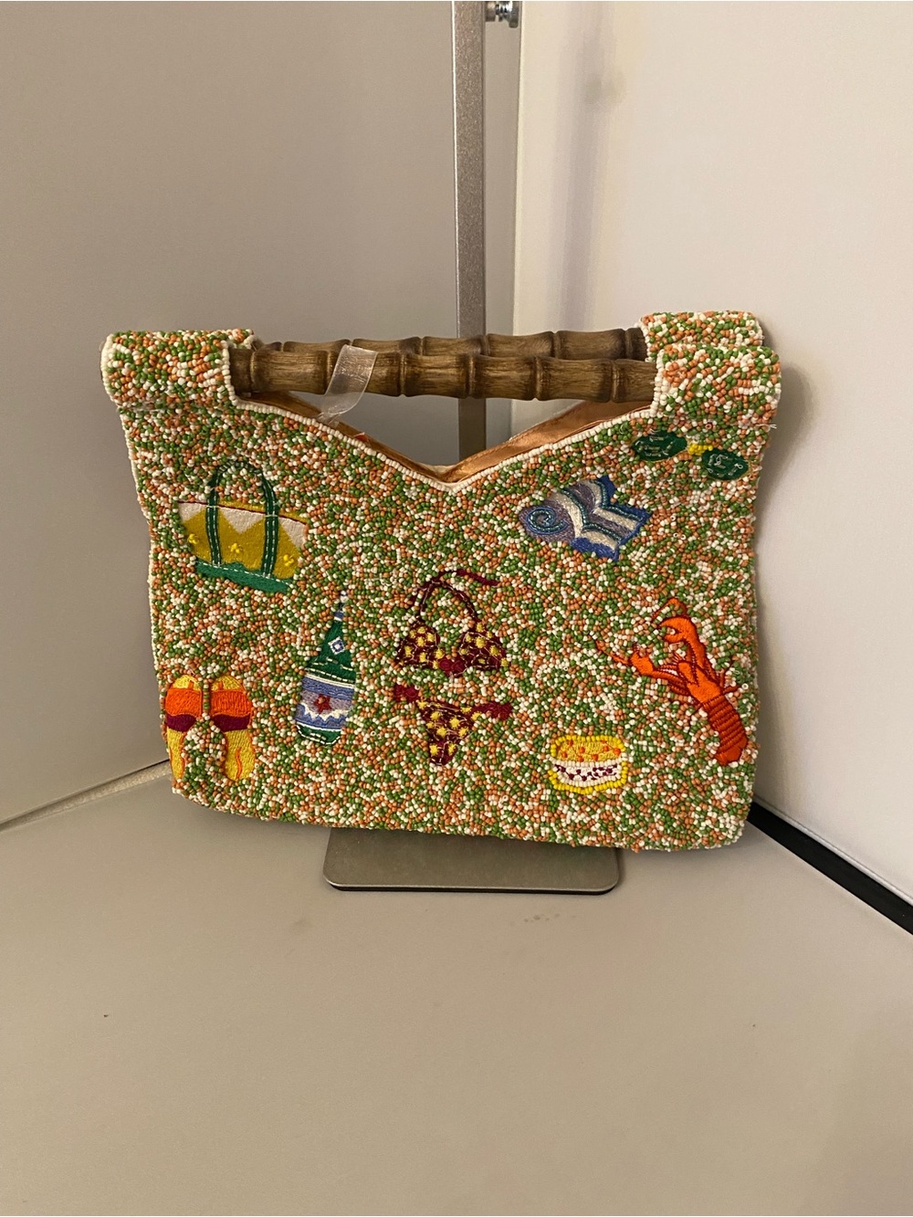 NWT Beaded Island-Vacation Summer Themed Satchel with Bamboo Handle -